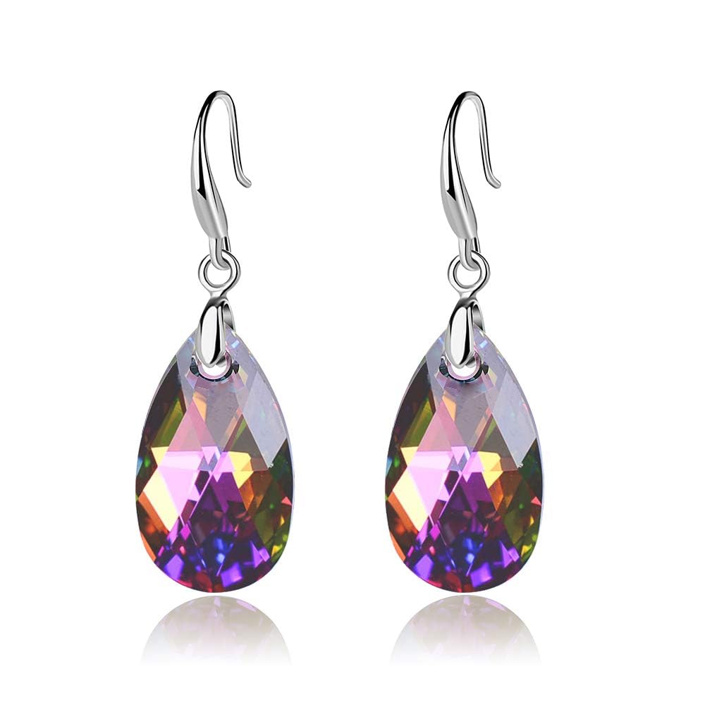 Austrian Crystal Teardrop Dangle Hook Earrings for Women 14K Gold Plated Hypoallergenic Jewelry (Rainbow Crystal)