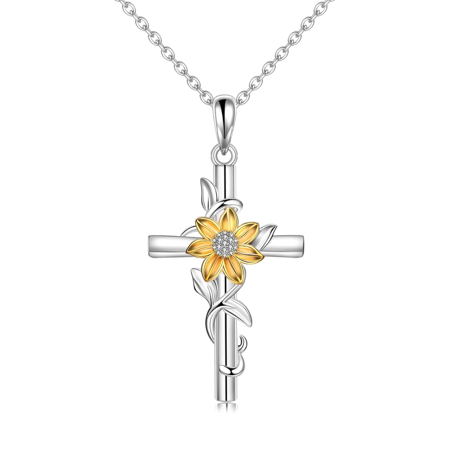 Annamate 925 Sterling Silver Cross Necklace for Women Sunflower Cross Necklace Dainty Sunshine Pendant for Women Mom Sunflower Gifts for Women