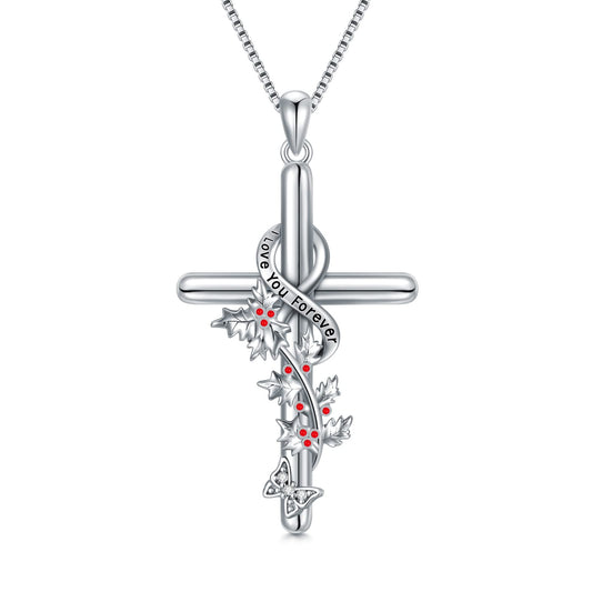 Flpruy December Birth Flower Necklace 925 Sterling Silver Holly Floral Pendant Cross Necklace Birthday Jewelry Gifts for Women Her Mom