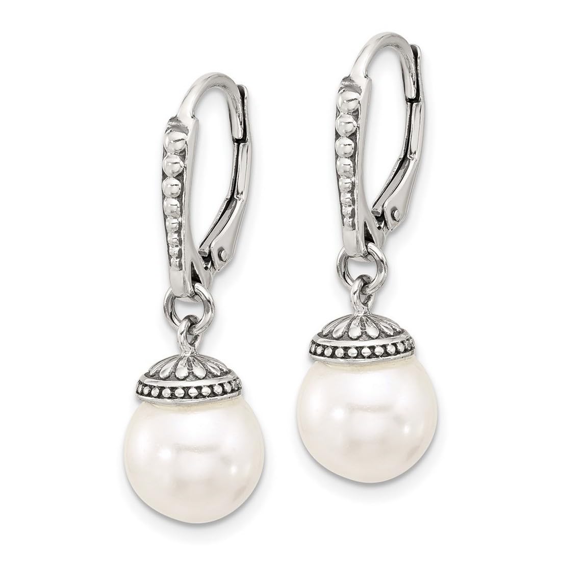 925 Sterling Silver Polished and Oxidized Syn. Pearl Dangle Leverback Earrings 32.4mm long Dangle Earring for Women