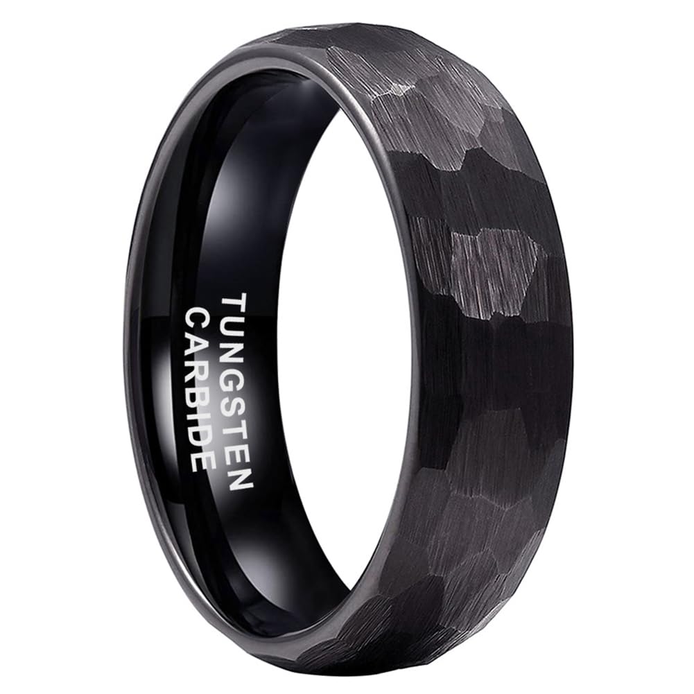 TUTISS 6mm Black Hammered Tungsten Rings for Men Women Fashion Engagement Wedding Bands Domed Matte Finish Comfort Fit Size 5