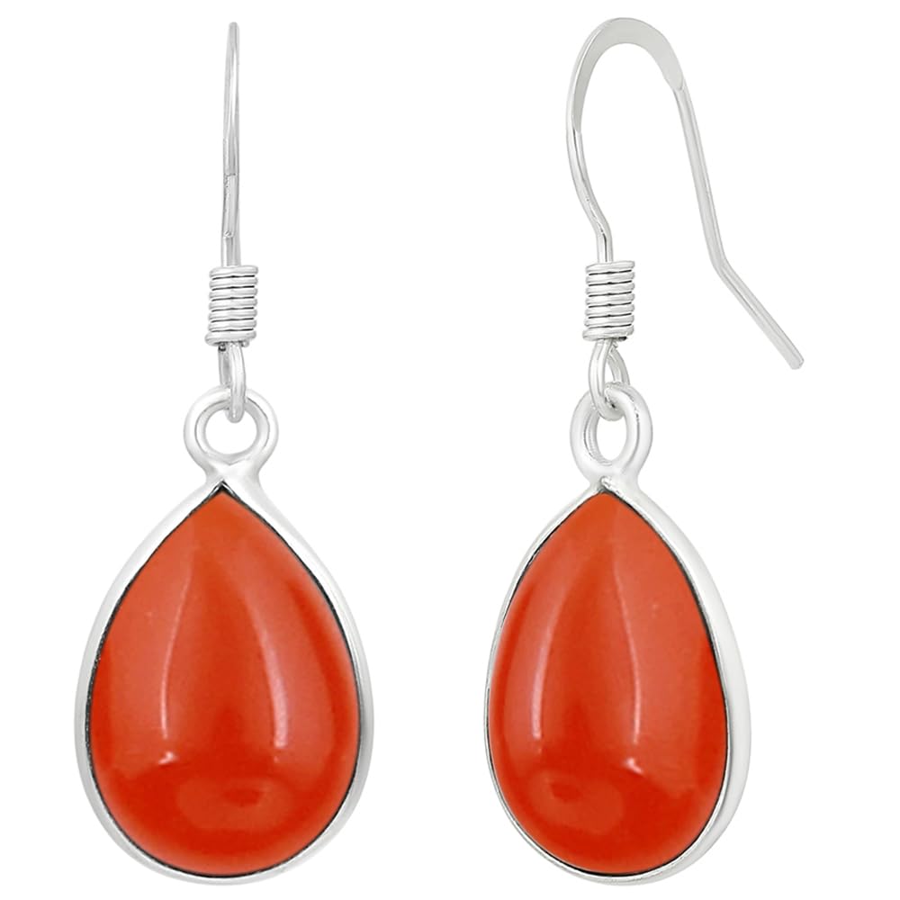 Natural Carnelian Sterling Silver Plated Dangle Earrings for Women - Orange Stone Teardrop Shape July Birthstone Handmade Drop Earrings Jewelry - Christmas Gifts for Her