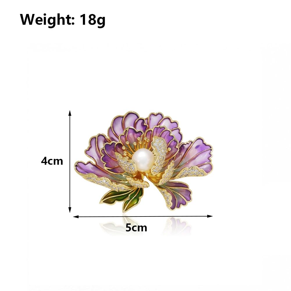 Dainty Flower Brooch Pins for Women Graceful Cubic Zircon Peony Pearl Enamel Badges Lapel Pins Trendy Banquet Prom Dress Jewelry Accessories Gift (Purple)
