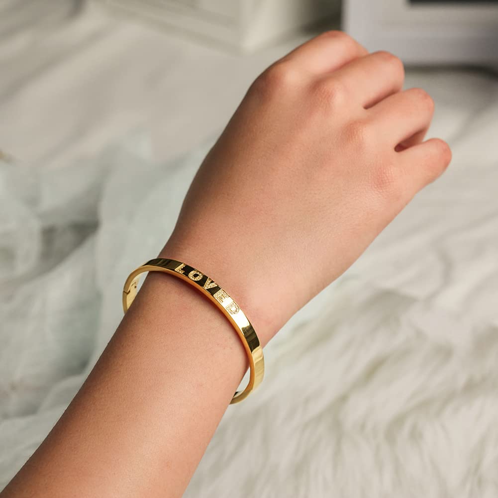 WISTIC Gold Plated Bangle Bracelet for Women, Silver Engraved Letter Cuff Bracelet with CZ, Fits 6.0–7.0 Inch Wrist, 2.4in Inner Dia., Rose Gold Stainless Steel Hinged Bangle Jewelry, LOVED, Gold