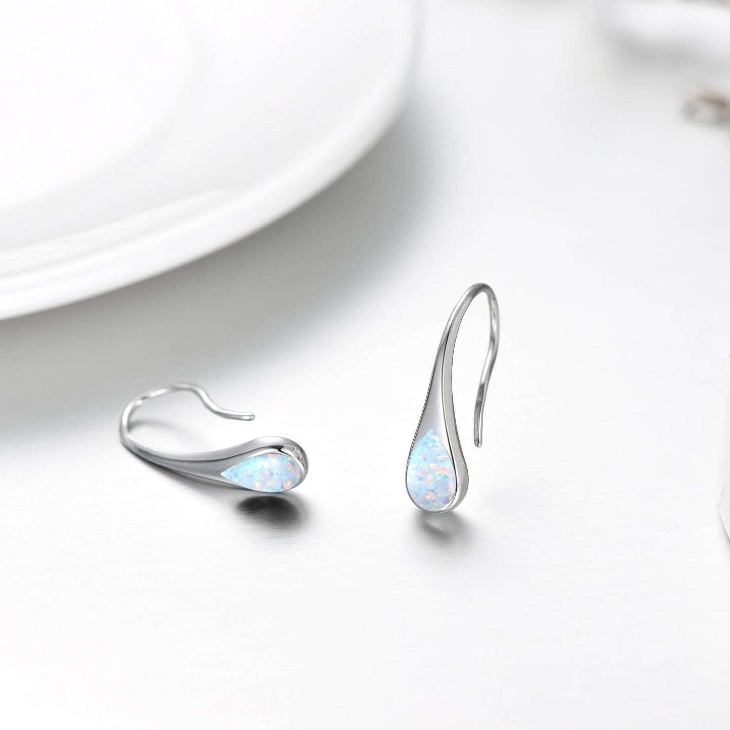 925 Sterling Silver Pear-Shaped Hook Earrings with Simulated White Opal, Teardrop October Birthstone Jewelry Gifts for Women Wife Mom