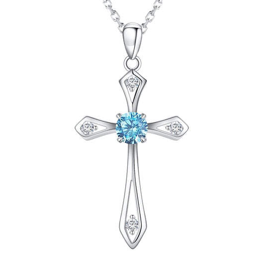 Cross Necklace for Women ,925 Sterling Silver Birthstone Necklace,Aquamarine-March Birthstone Cross pendant jewelry,Faith Religious Fine Jewelry Valentines Day Gifts Birthday Holiday Gifts for Her