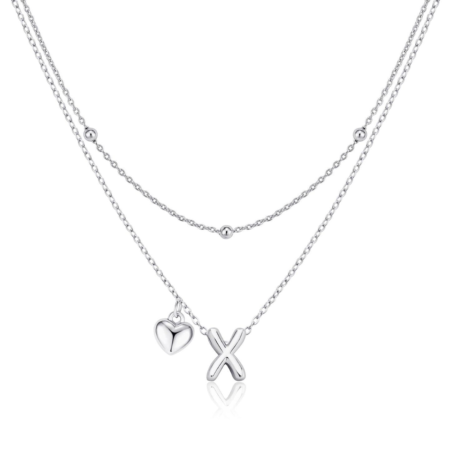 adoyi Silver Heart Initial Necklaces for Women 14k Gold Plated Layered bubble Letter Necklace Dainty Heart X Pendant Necklace Stack Birthday Valentines Gifts for Women Jewelry