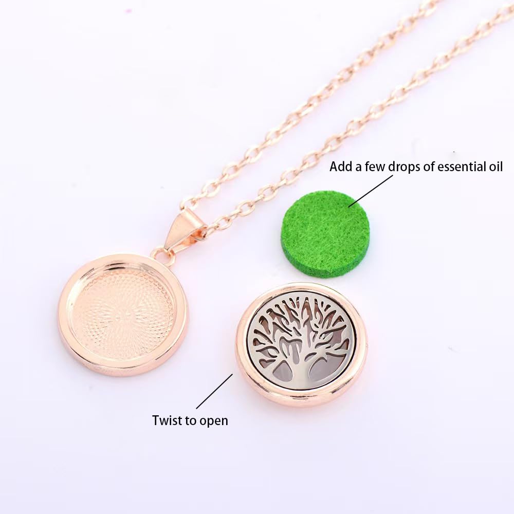 4-Piece Rose Gold Tree of Life Aromatherapy Necklace Set, Essential Oil Diffuser Pendant, Women's Stainless Steel Fragrance Jewelry, Includes Replacement Cotton Pads