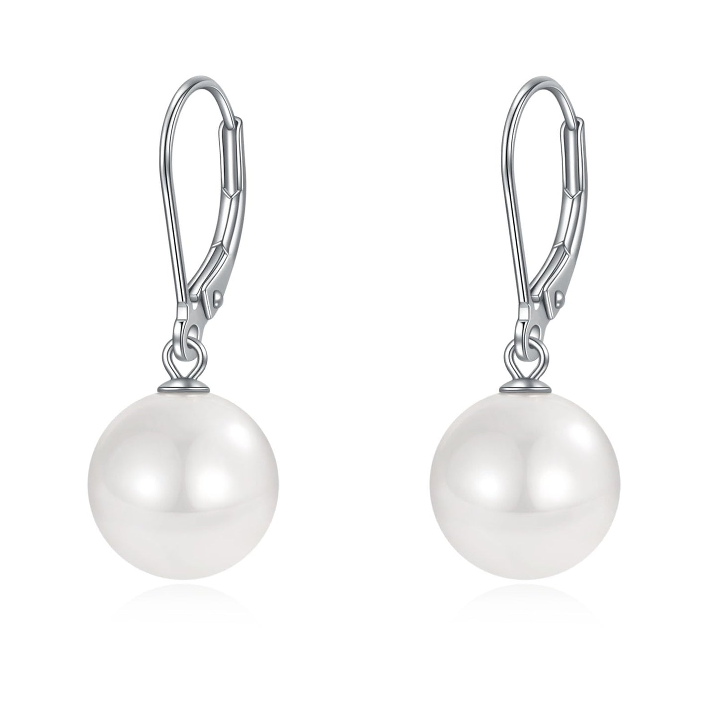 Rnivida 925 Sterling Silver White Pearl Earrings Leverback Pearl Drop Earring for Women,10MM Hypoallergenic Pearl Dangle Earring for Daily,Bridesmaid Bridal Wedding