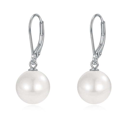 Rnivida 925 Sterling Silver White Pearl Earrings Leverback Pearl Drop Earring for Women,10MM Hypoallergenic Pearl Dangle Earring for Daily,Bridesmaid Bridal Wedding