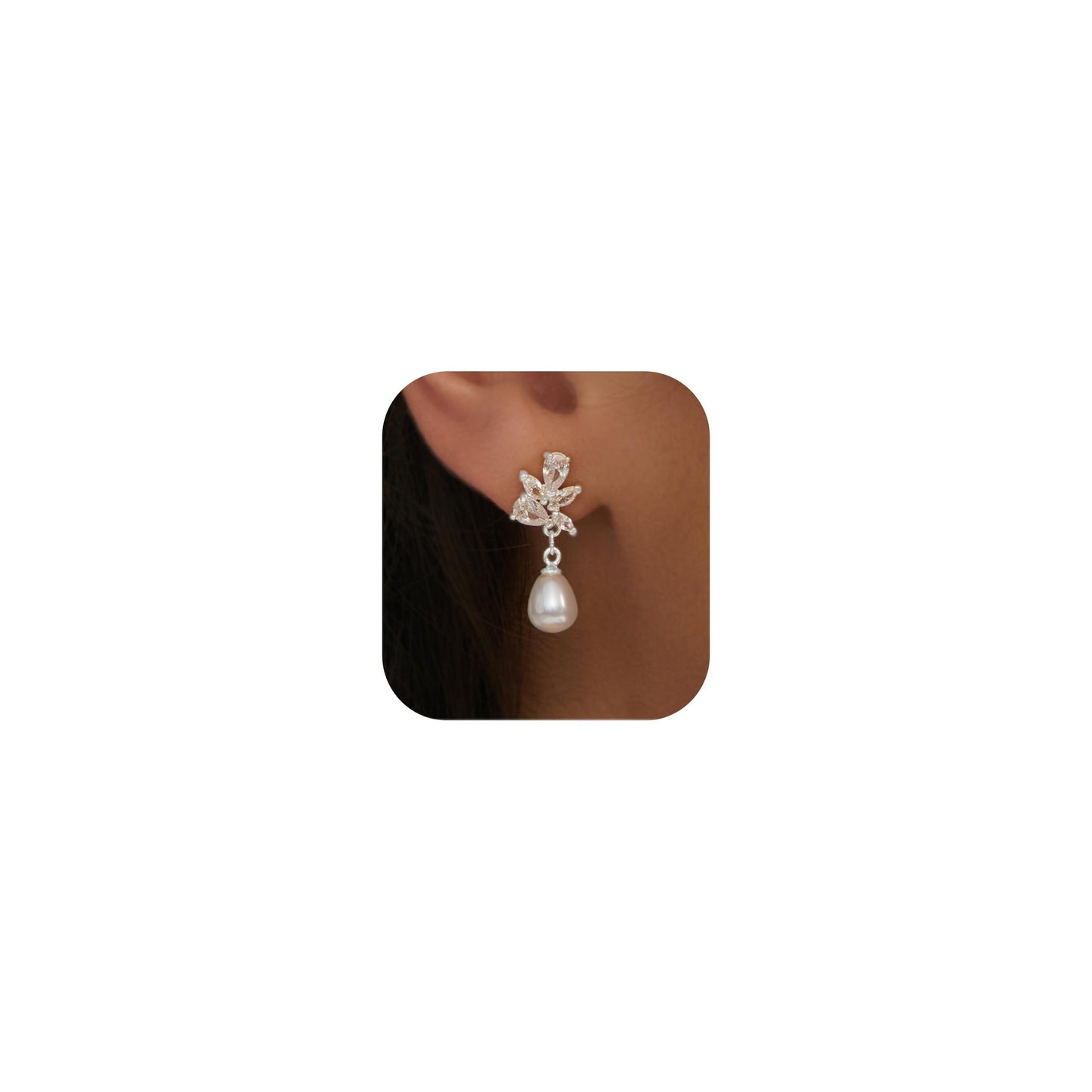 PRTGL Pearl Earrings: 14k White Gold-plated Cubic Zirconia Accented Teardrop Pearl Drop Wedding Engagement Earrings For Women Bridal Bridesmaid (Leaf Designed)