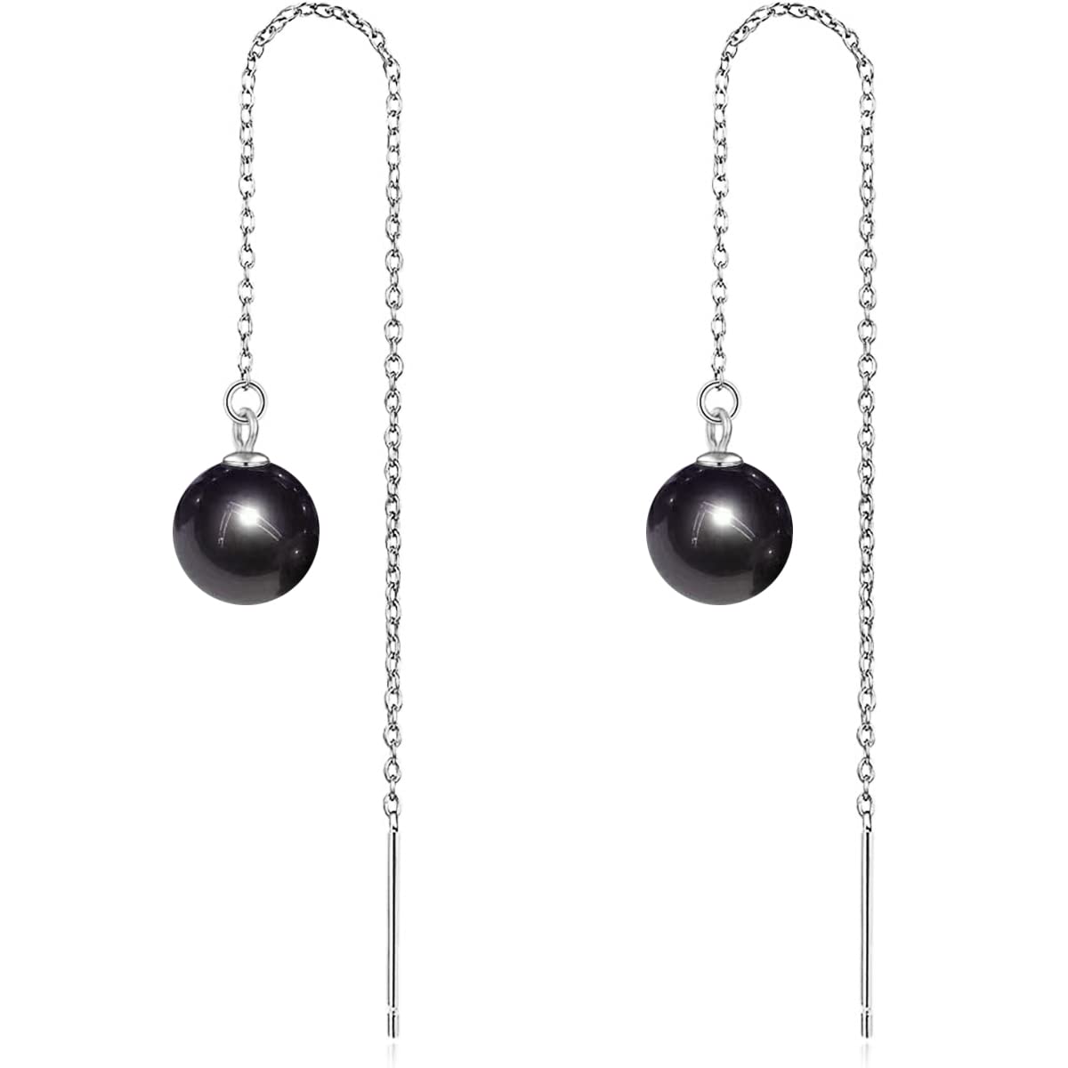 Alevel 7-7.5mm Freshwater Cultured Black Round Pearl, 925 Sterling Silver Plated with 18K White Gold, Drop Earrings Long Chain Ear Line