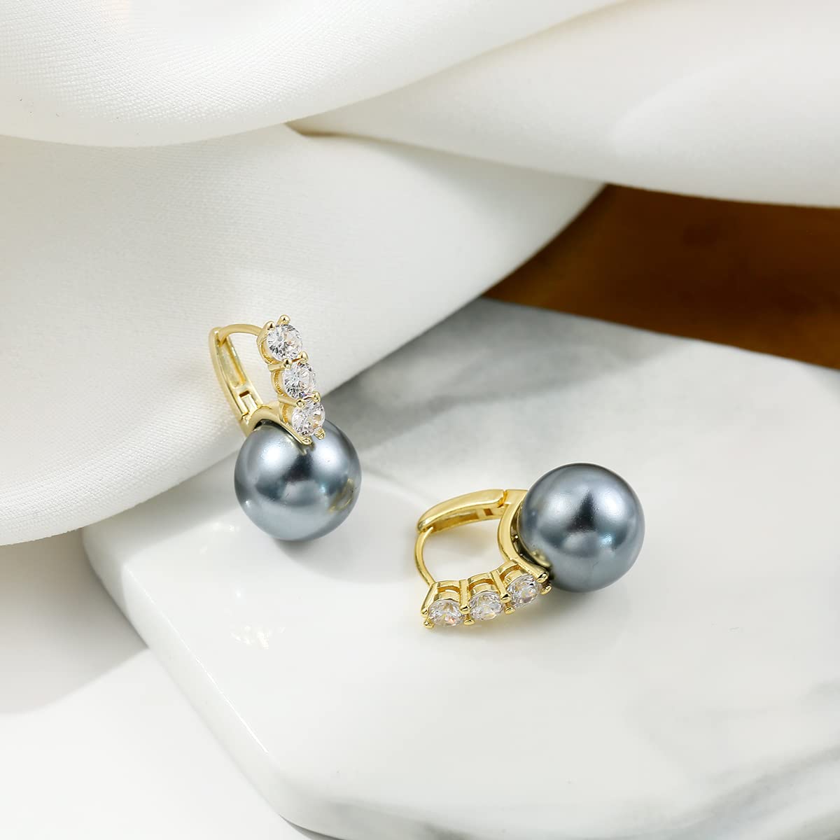 Pearl Earrings for Women 14K Gold Plated Hypoallergenic Pearl Earrings 5A Cubic Zirconia Dangle Earrings Elegant Jewelry (1-Gold-black)