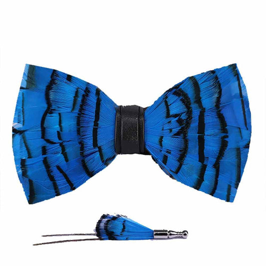 MULGULA Fashion Feather Bow Tie Necktie Peacock Pre-tied Bow Tie and Brooch Sets with Packing Box