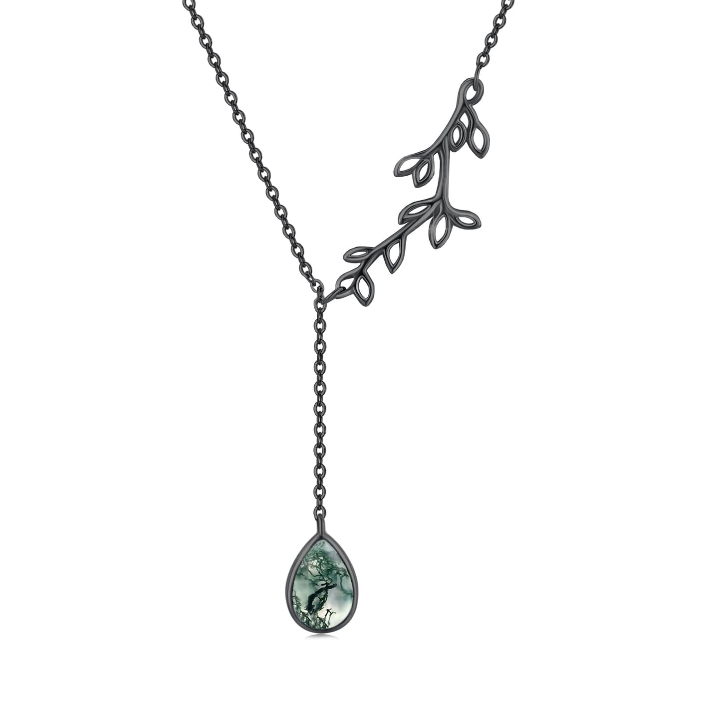 Silikepa Leaf Necklace for Women 925 Sterling Silver Black Leaf Pendant Necklace Y Chain with Moss Agate Jewelry Gifts for Women