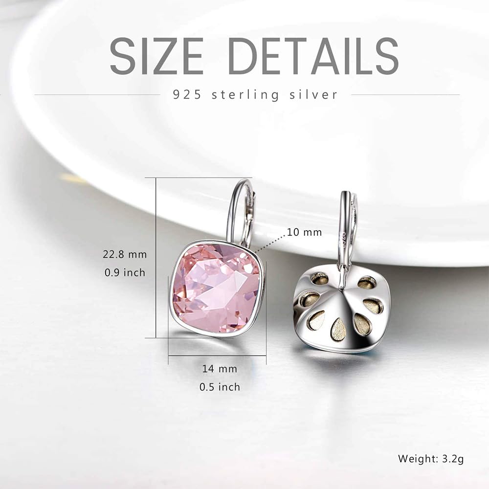 AOBOCO Sterling Silver Leverback Earrings Embellished with Crystals from Austria, Hypoallergenic Cushion Cut Square Crystal Earrings, Fine Anniversary Birthday Jewelry Gifts for Women (Pink)
