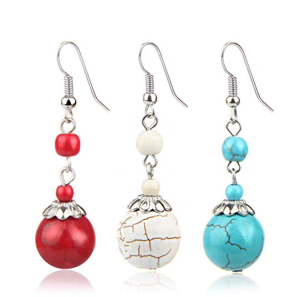 Double Turquoise Drop Earrings Natural Stone Round Bead Ball Dangle Earrings for Women Fashion Jewelry Gift (K:red)
