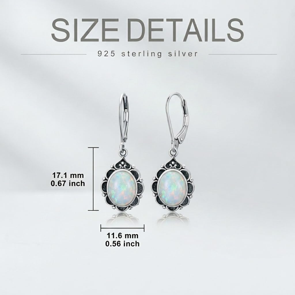 White Opal Drop Earrings for Women 925 Sterling Silver Vintage Oval 9x7mm Filigree Leverback Dangle Earrings, Gothic Victorian Antique Jewelry Gifts