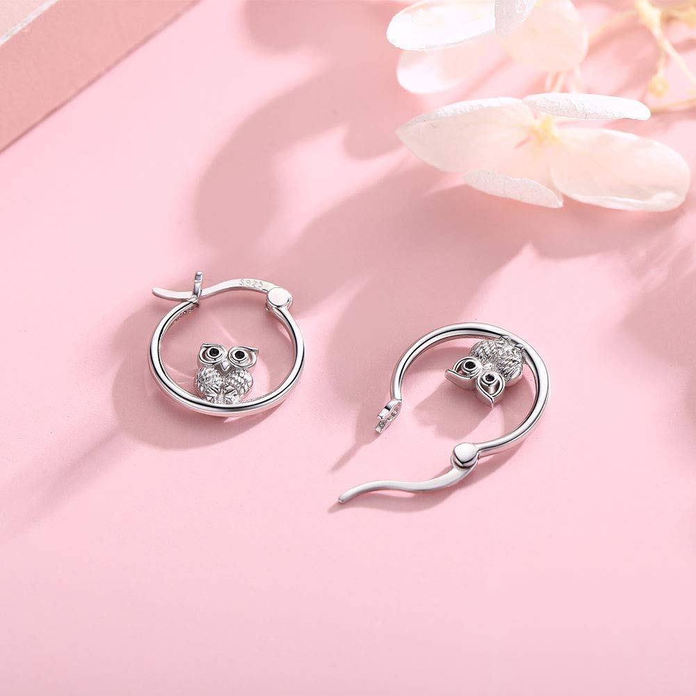 Silver Owl Hoop Earrings for Women 925 Sterling Silver Small Owl Huggie Hoop Earrings Jewelry Graduation Gifts