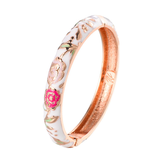 UJOY Women's Gorgeous Bangle Bracelet Colored Rose Golded Floral Hinge Cloisonne Enameled Jewelry with Gift Box 55A106 White