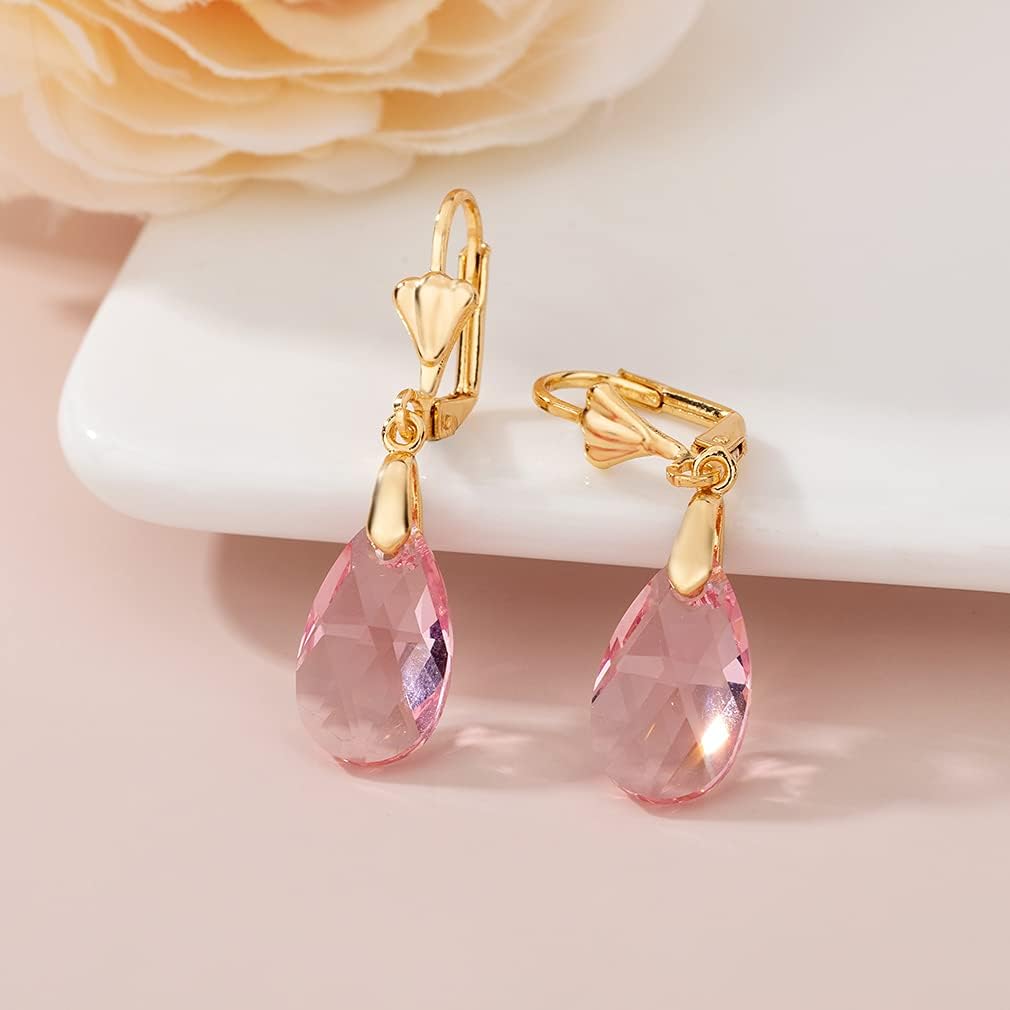 Austrian Crystal Teardrop Leverback Dangle Earrings for Women Fashion 14K Gold Plated Hypoallergenic Jewelry (Pink)