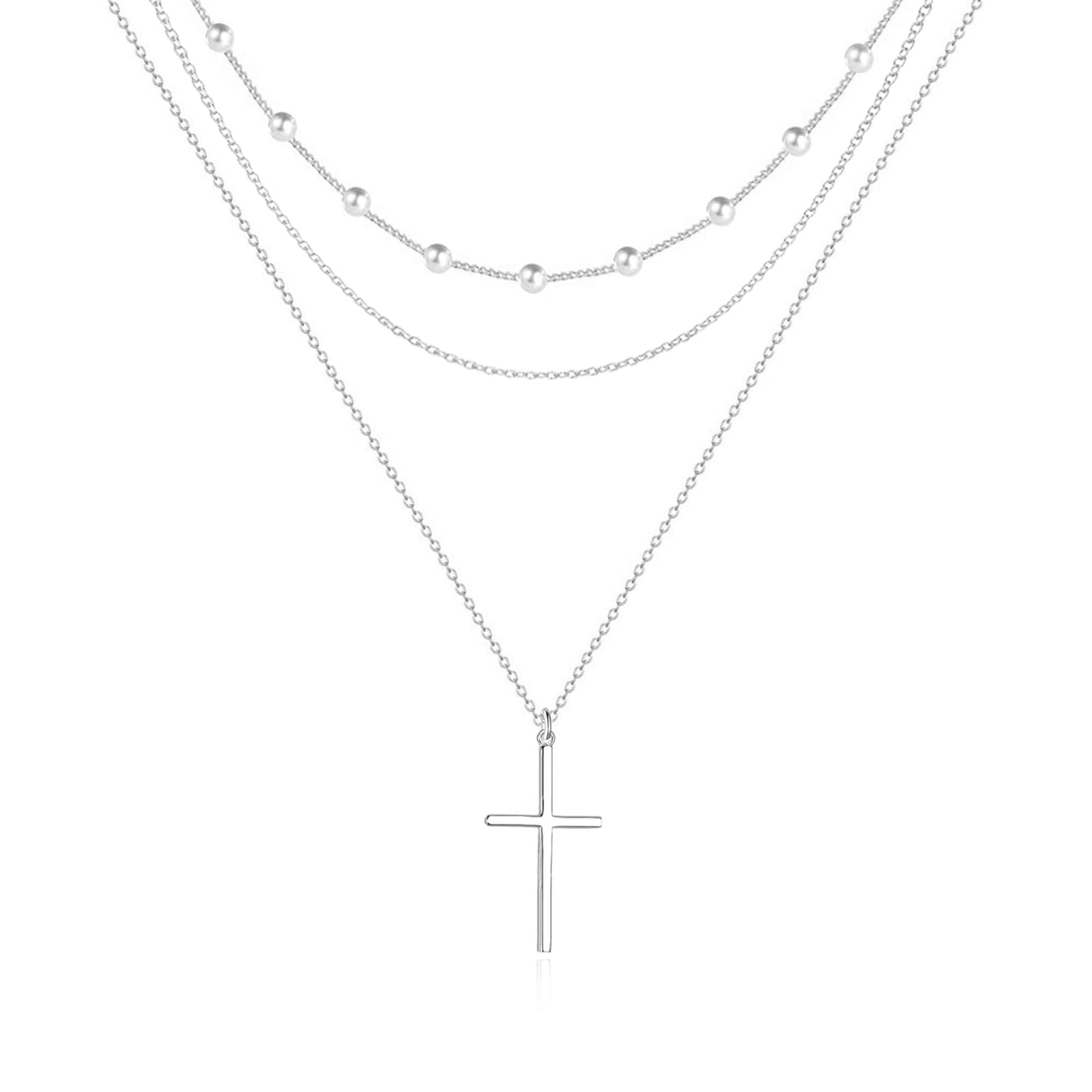 Zeffy Layered Silver Necklaces for Women Dainty Silver Cross Necklace Trendy Pearl Choker Cute Necklace Stack Jewelry Sets for Women Gifts
