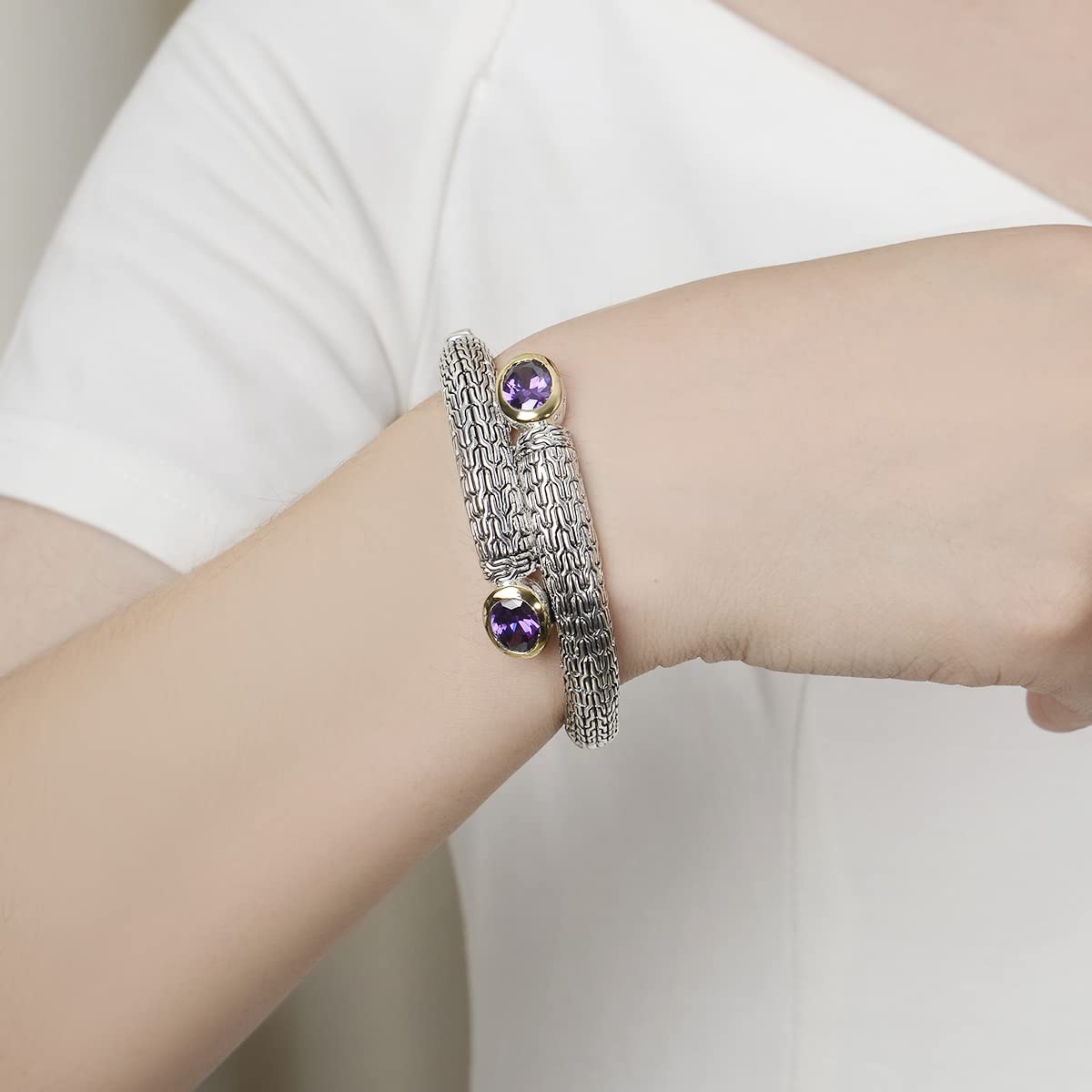 UNY JEWEL Jewelry Multi Strand Foxtail Chain Woven Pattern Inlay 8 by 10 Oval CZ Vintage Antique Two Tone Elegant Designer Inspired Unique Box Tongue Clasp Bangle (Peridot)