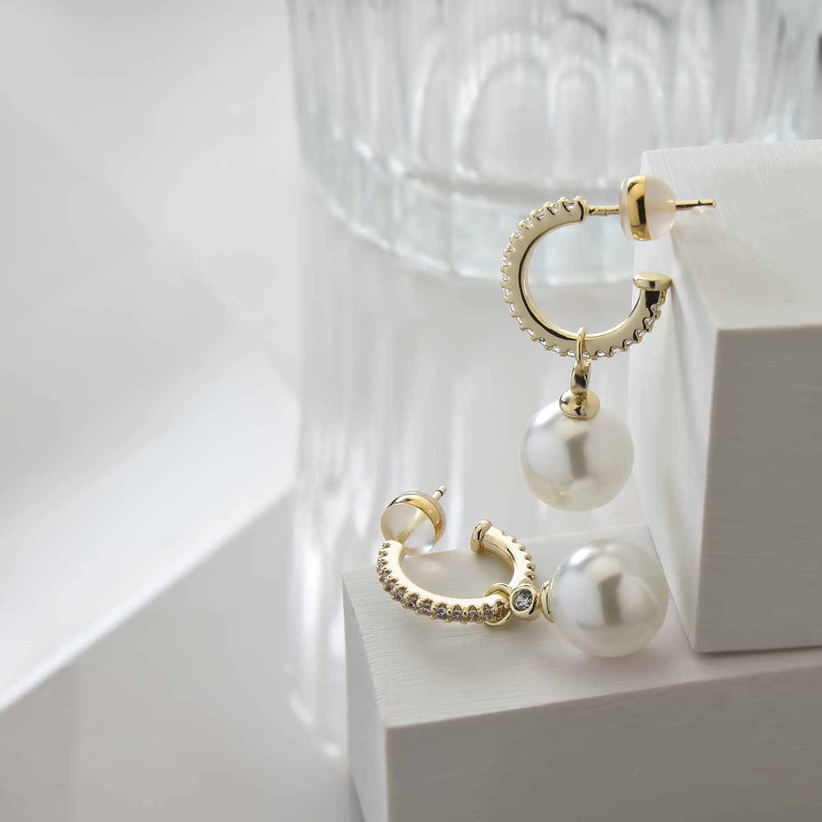 KZZENKI 14k Gold Pearl Earrings for Women, Sterling Silver Post Bridal Pearl Earrings Drop Dangle Earrings Cubic Zirconia Open Hoop earrings Jewelry Trendy