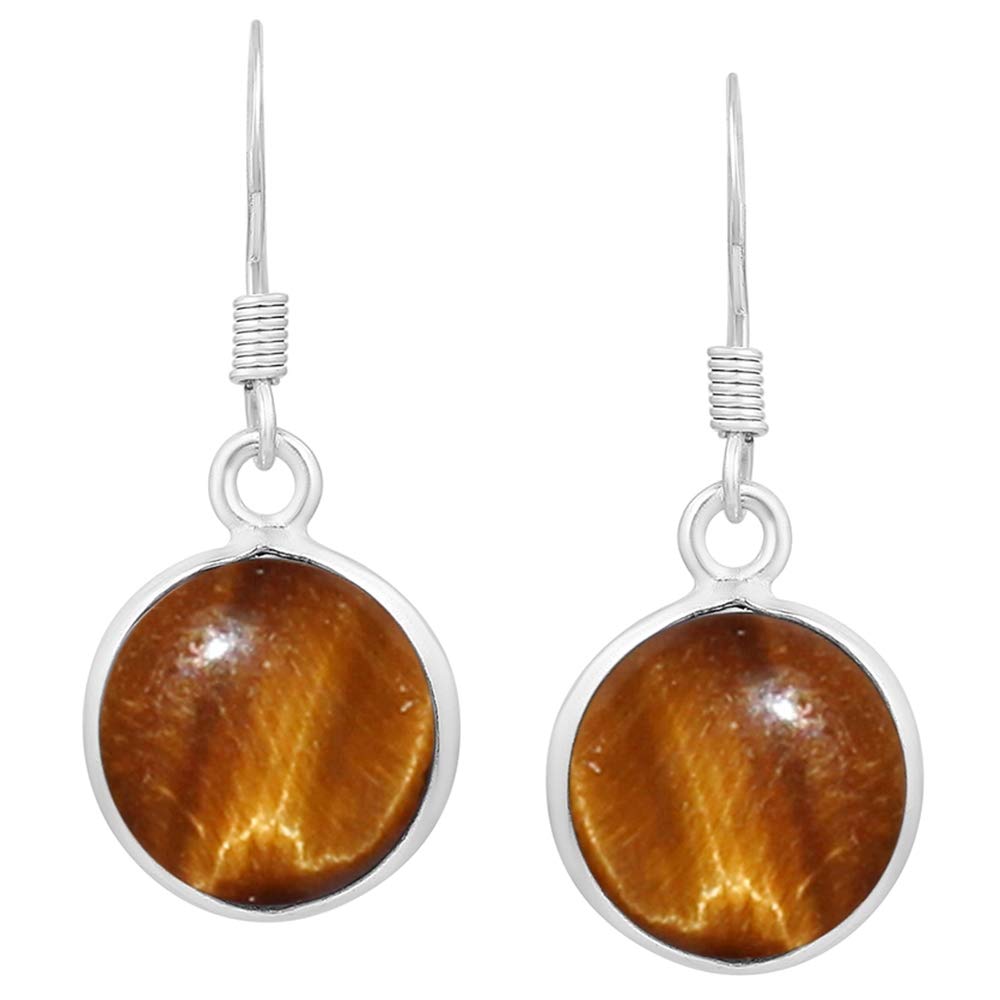 Natural Tiger Eye 925 Silver Plated Dangle Earrings for Women - Round Shape Brown Color Gemstone June Birthstone Handmade Jewelry Earrings - Women's Day Gift for Her