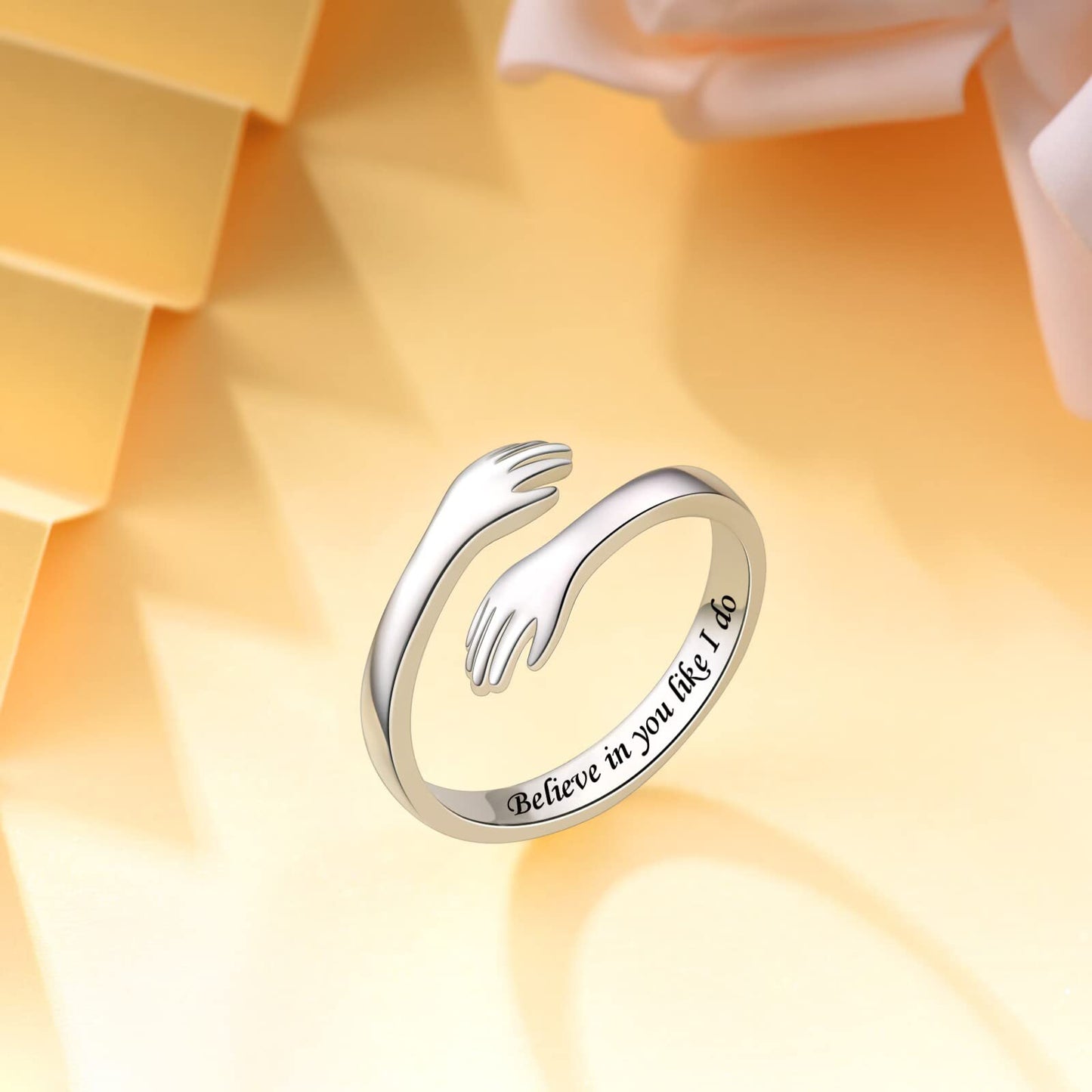 ACJFA Hug Rings for Women Sterling Silver Adjustable Ring for Women Daughter Hand Ring Jewelry for Birthday Gifts Holiday Gift for Teens(Believe in you like I do)