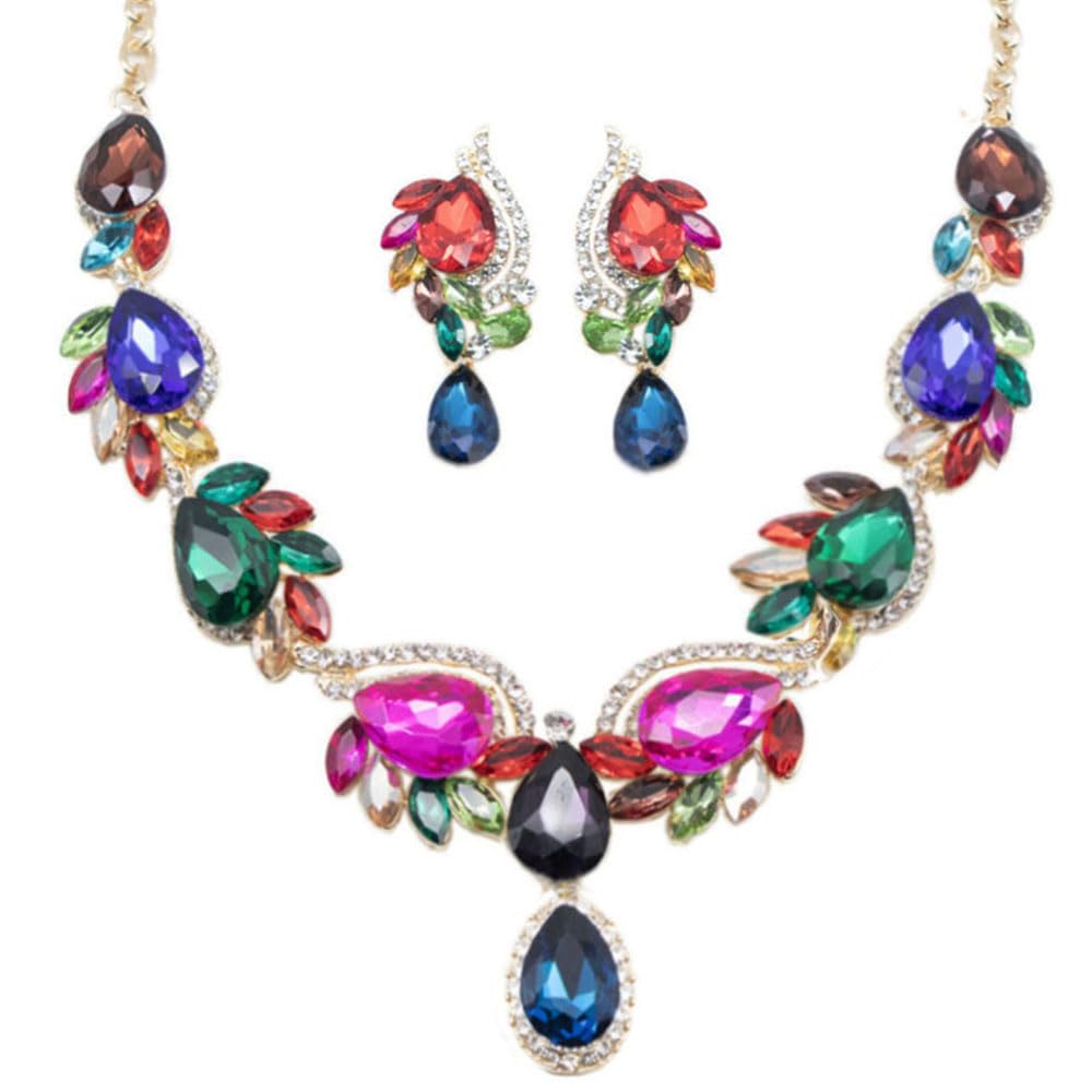 Qlavoca Crystal Rhinestone Statement Necklace jewerly Set Teardrop Cluster Dangle Earrings Set for Bridal Evening Prom Jewelry Accessories (Colorful)