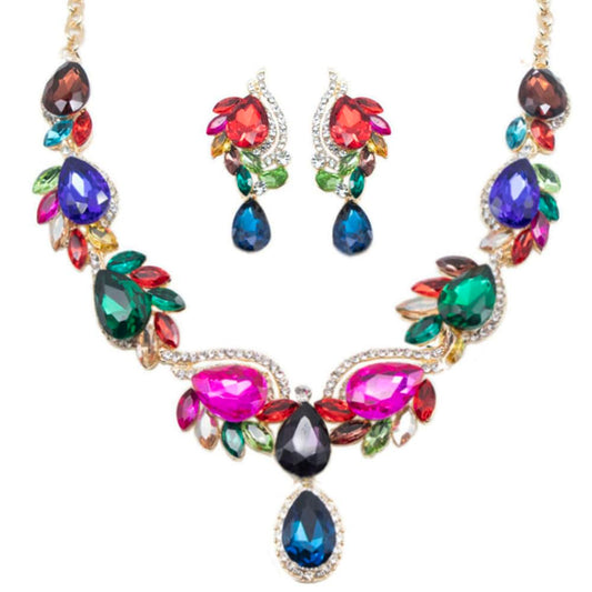 Qlavoca Crystal Rhinestone Statement Necklace jewerly Set Teardrop Cluster Dangle Earrings Set for Bridal Evening Prom Jewelry Accessories (Colorful)