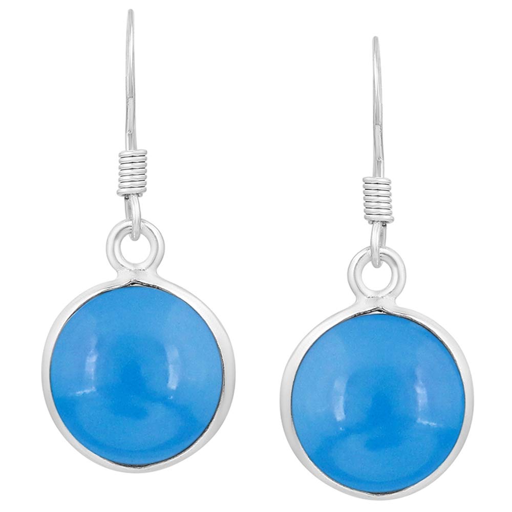 Natural Chalcedony 925 Silver Plated Dangle Earrings for Women - Round Shape Blue Color Gemstone March Birthstone Handmade Jewelry Earrings - Wedding Gift for Her