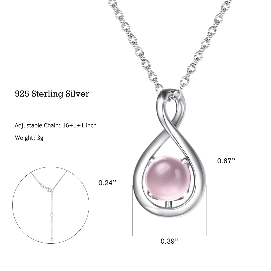FANCIME Sterling Silver Rose Quartz Necklace Dainty Infinity Pendant Pink Crystal Birthstone Anniversary Birthday Jewelry Mothers Day Gifts for Mom Women Daughter, 16+2 Inch