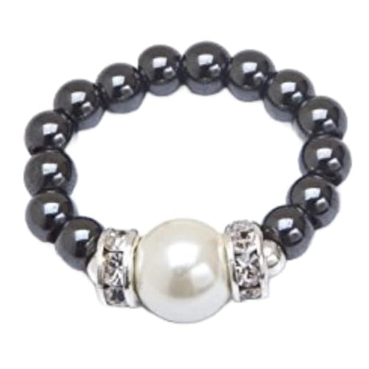MAGNEHEALTH - Black - XS 5-6 - Magnetic Hematite Stretch Ring with Large White Magnet Bead, Unisex Ring, Absorbs Negative Energy, Wellness & Balance Jewelry