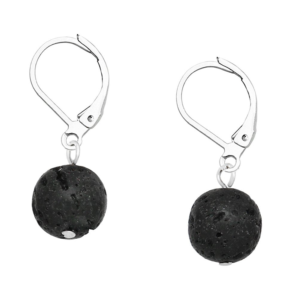 Falari 10mm Round Natural Stone Earring High Polished Rhodium Leverback Lava