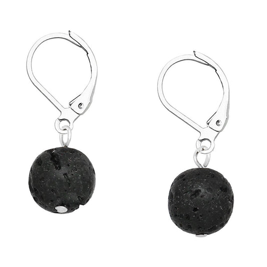 Falari 10mm Round Natural Stone Earring High Polished Rhodium Leverback Lava