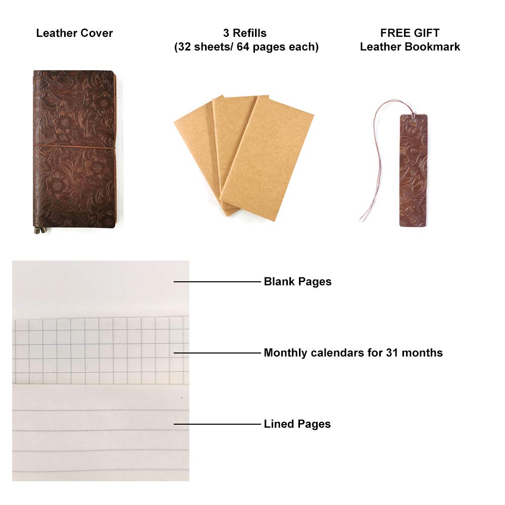 aoaoway Refillable Leather Journal, Handmade Coffee Leather Notebook with Bookmark for Men & Women, Vintage Notepad Sketchbook Perfect for Writing, Gifts, Travelers (Coffee, Standard)