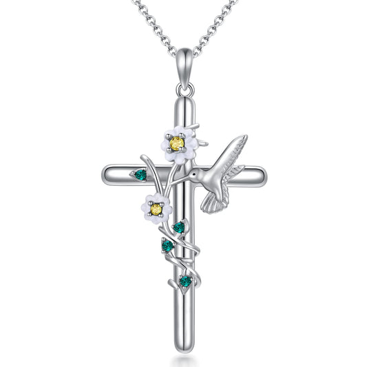 Flpruy Hummingbird Cross Necklace 925 Sterling Silver Hummingbird Gifts Cross Pendant Necklace for Women