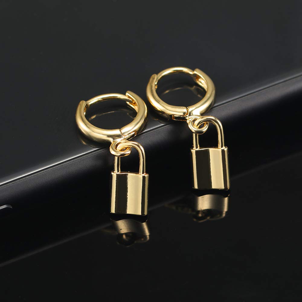Small Hoop Lock Dangle Drop Hoop Earrings With Small Charm for Women Cute Cartilage Fashion 18K Yellow Gold Plated Vintage Elegant Dangling Jewelry