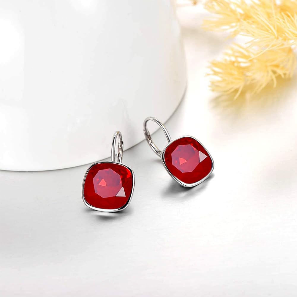 AOBOCO Sterling Silver Leverback Earrings Embellished with Crystals from Austria, Hypoallergenic Cushion Cut Square Crystal Earrings, Fine Anniversary Birthday Jewelry Gifts for Women (Burgundy)