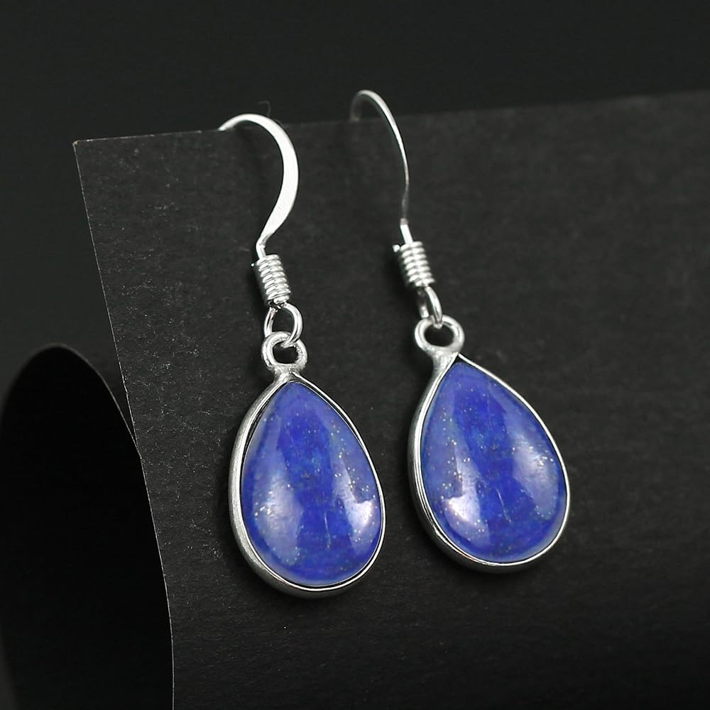 Natural Lapis Lazuli Sterling Silver Plated Dangle Earrings for Women - Violet Stone Teardrop Shape September Birthstone Handmade Drop Earrings Jewelry - Gifts for Her