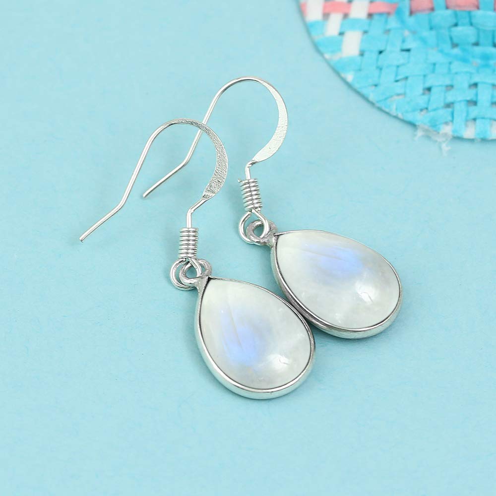 Natural Moonstone Sterling Silver Dangle Earrings for Women - White Stone June Birthstone Pear Shape Gemstone Handmade Drop Earrings - Gifts for Wedding Anniversary Valentien's day
