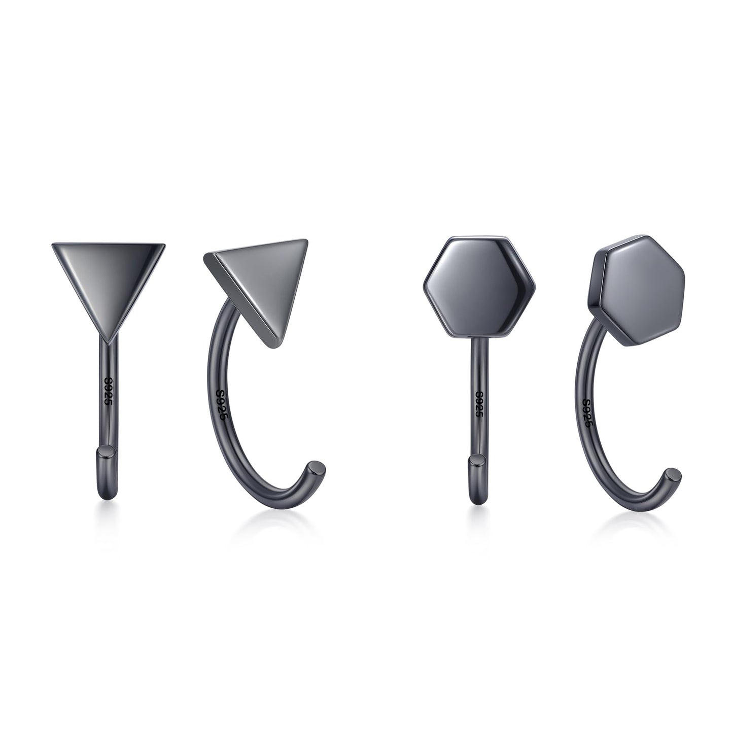 CHIC & ARTSY Backless Earrings for Women 925 Sterling Silver Half Huggie Hoop Earrings Ardant Stay Close Hoops Black Triangle and Hexagon No Back Earrings Set Everyday Earrings