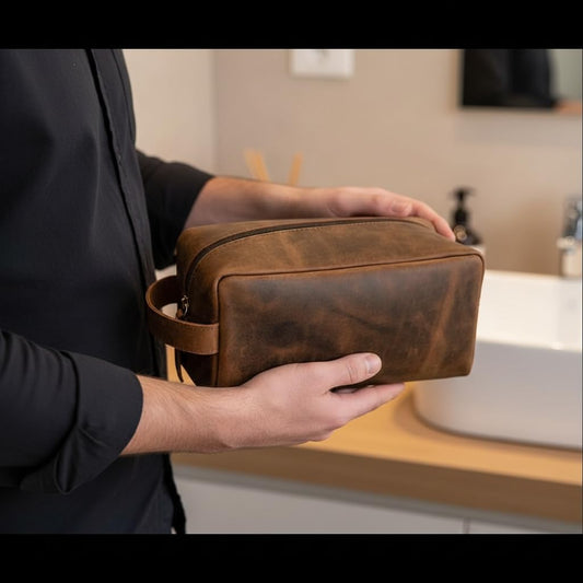 RusticVintage Leather Toiletry Bag, Cosmetic Case, Classy Dopp Kit - Best Gift - Premium Genuine Leather Dopp Kit Shaving Kit Organizer Travel Kit Pouch Bag f - Large Size (Oil pull up) (Dark Brown)