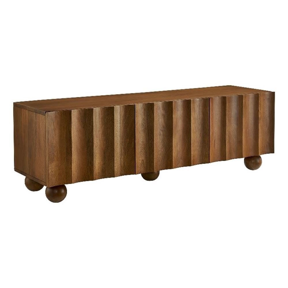 Modway Sorren 54 Inch Scalloped TV Stand in Walnut – 3 Door Media Console Cabinet – Modern Storage TV Stand with Doors