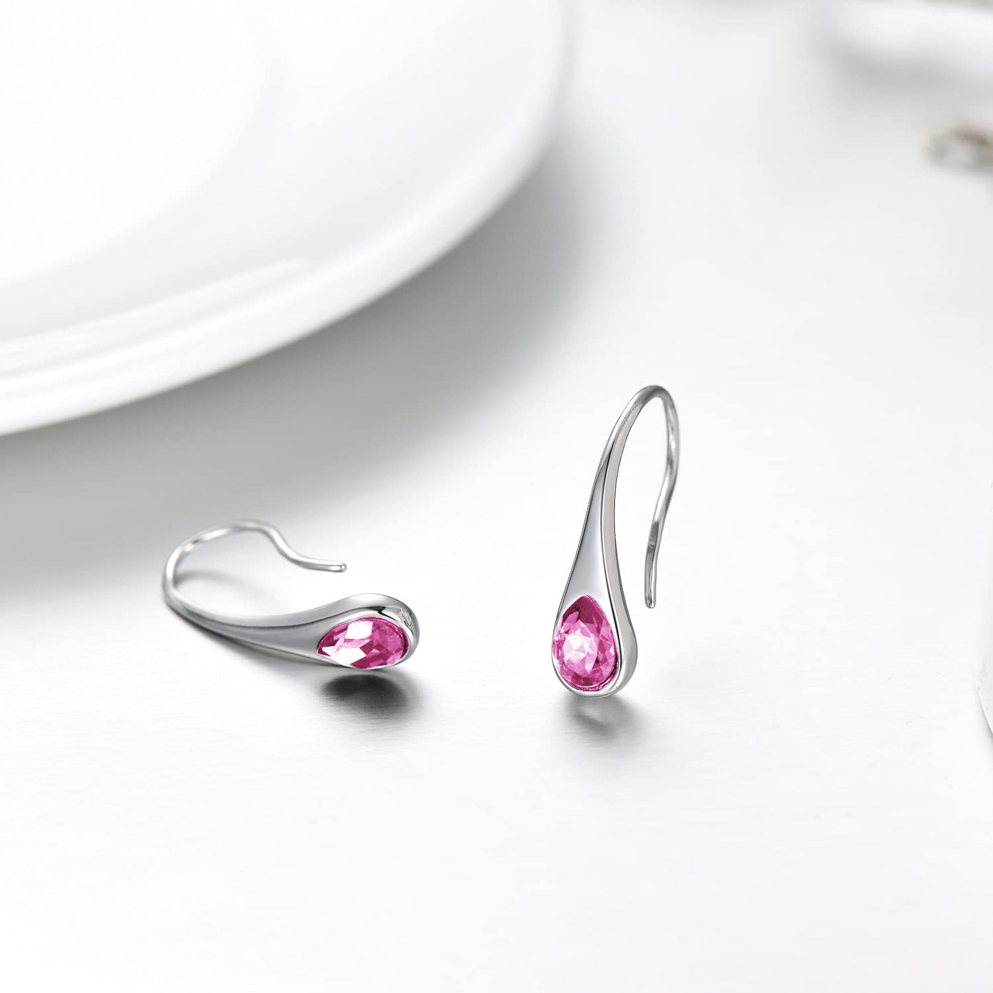 Sterling Silver Teardrop Hook Earrings with October Pink Birthstones Small Pull Through Earrings October Birthstone Jewelry Gifts for Women Wife Mom