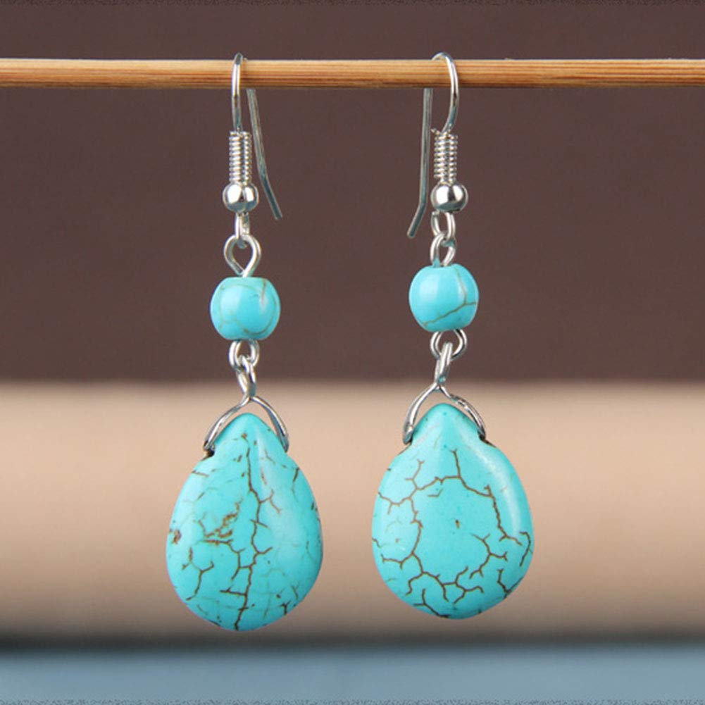 Turquoise Earrings Natural Stone Round Bead Ball Dangle Earrings for Women Fashion Jewelry Gift (J:blue)