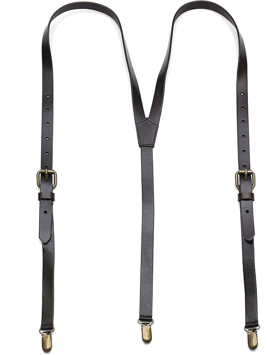 RC ROCKCOW Brown Leather Suspenders for Men Wedding Vintage Y Back Suspenders Tagger Snaps Wedding Party Best Groomsmen Gifts