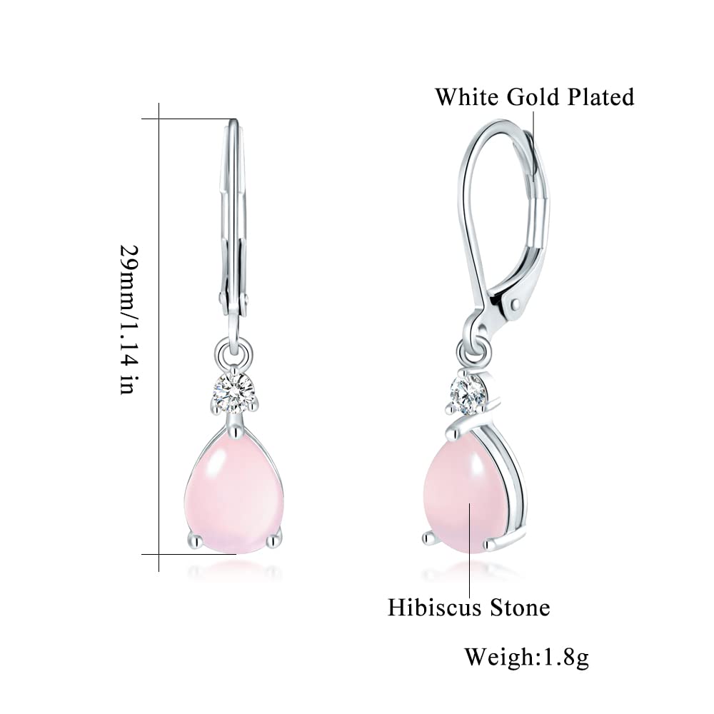 CiNily Womens Pink Leverback Dangle Earrings for Women Rose Quartz Drop Earrings 14K White Gold Plated Teardrop Gemstone Earrings